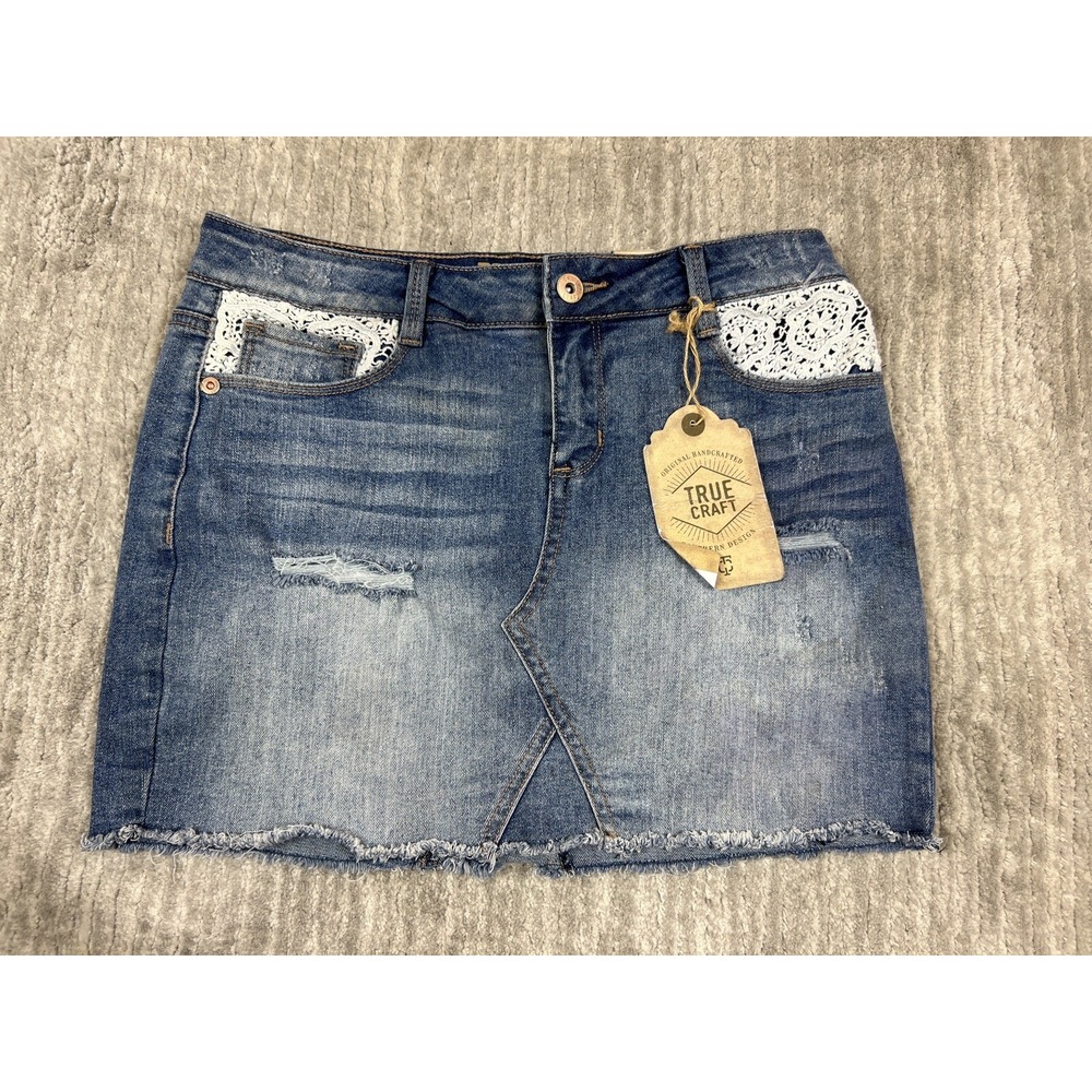 True Craft Denim Mini Skirt Girls 16 Blue Crochet Lace Distressed Frayed Hem NEW